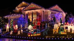 Festive lights decorate a family home at Christmas