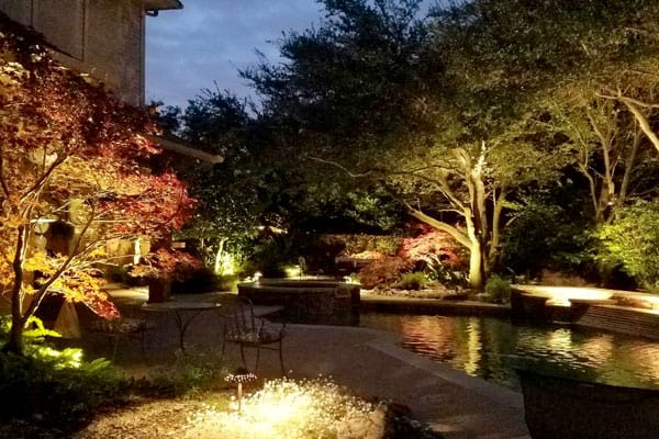 Trees and landscaping lit by outdoor lighting surrounding a backyard pool