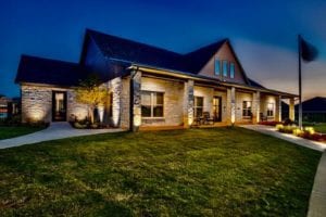 Side view of a well-lit senior living center