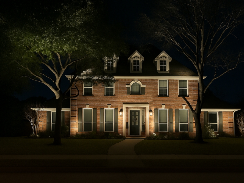 house lit up with landscape lighting