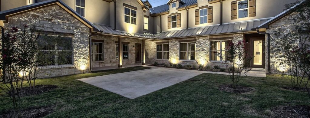 commercial building with outdoor lighting