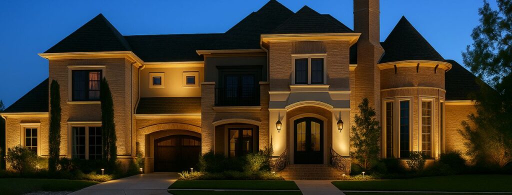 beautiful tan home lit up with landscape lights
