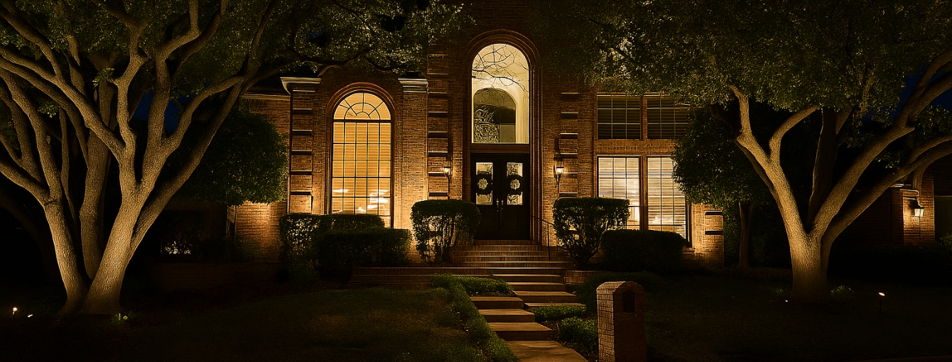 house lit up with landscape lighting