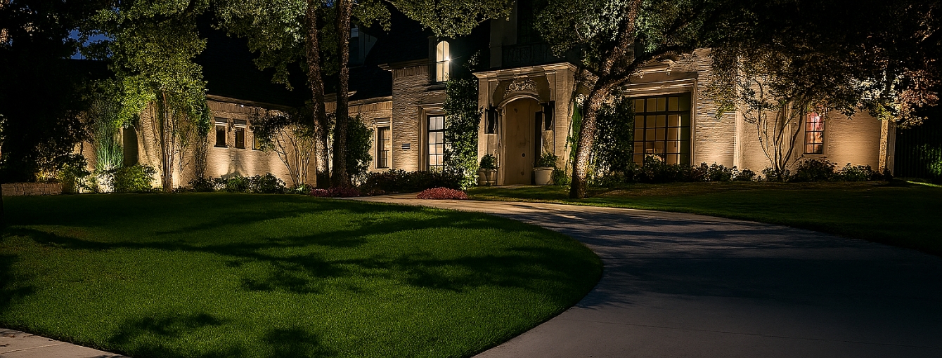 house lit up with landscape lighting
