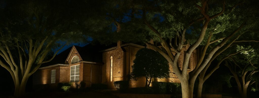 house lit up with landscape lighting