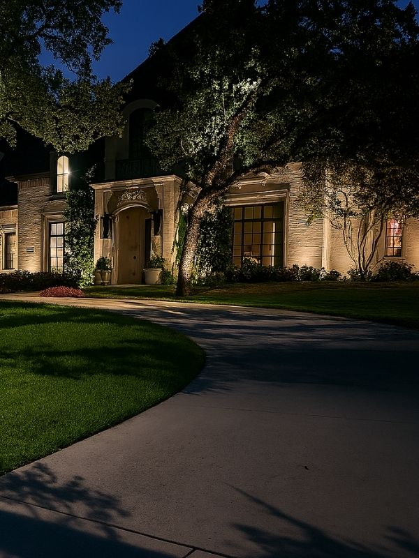 A gorgeous picture of a home with intricate outdoor lighting.