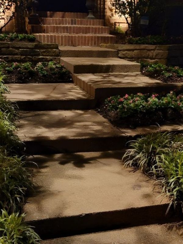 Beautiful concrete steps illuminated by pathway lighting.