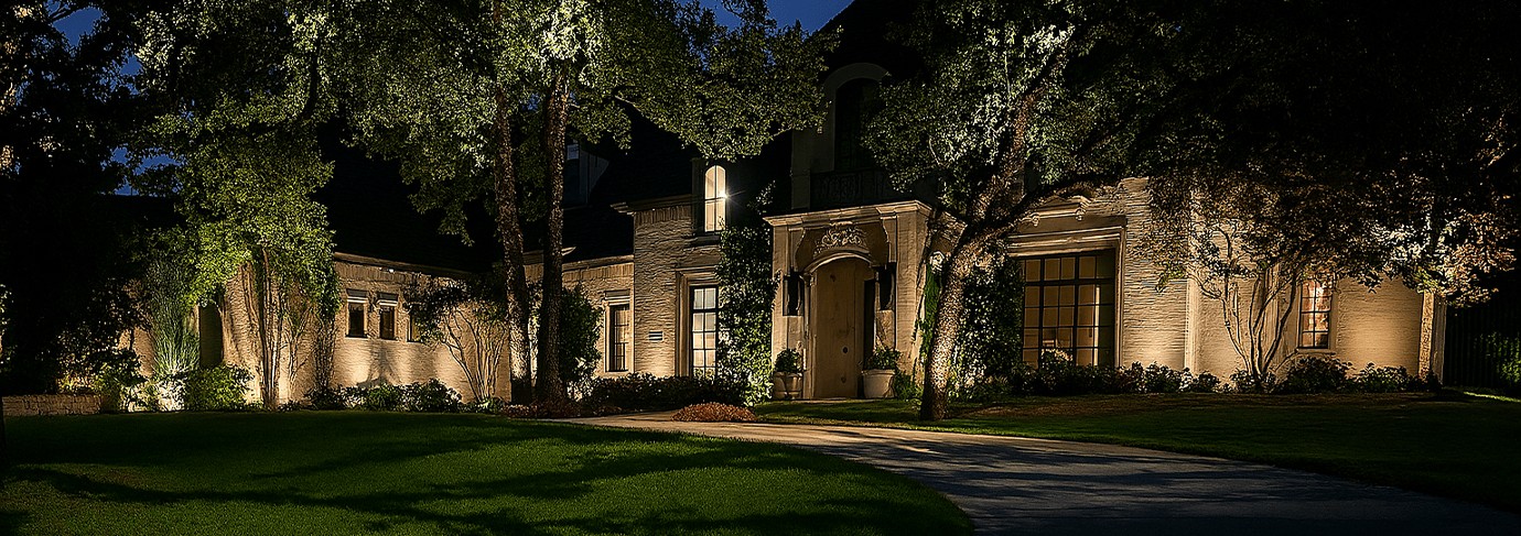 front of large house at night showing landscape lighting
