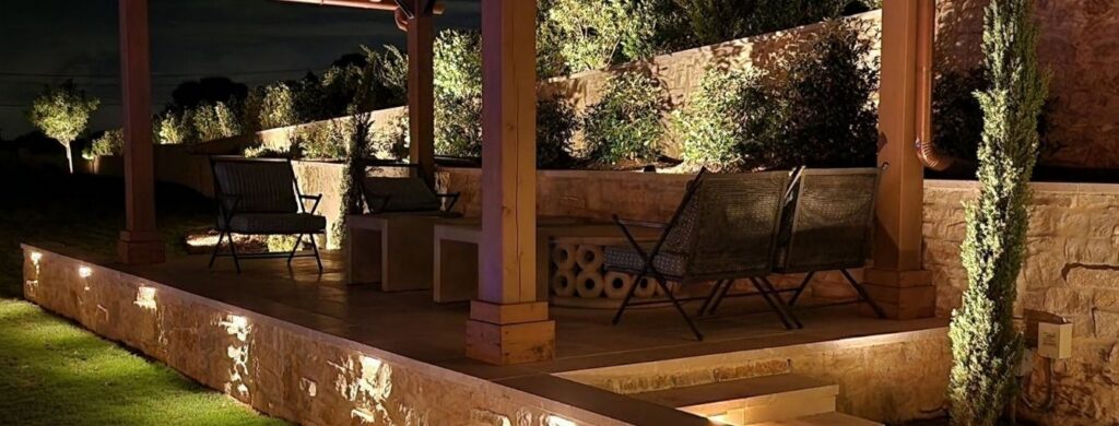 A beautifully lit patio. 