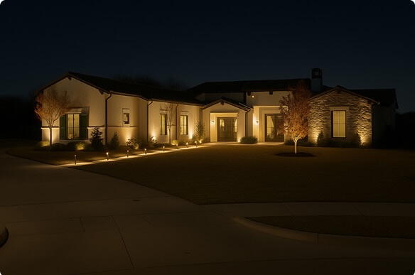 A modern single-story home at night featuring warm exterior wall uplighting, uplit young trees, and a row of path lights along the driveway.