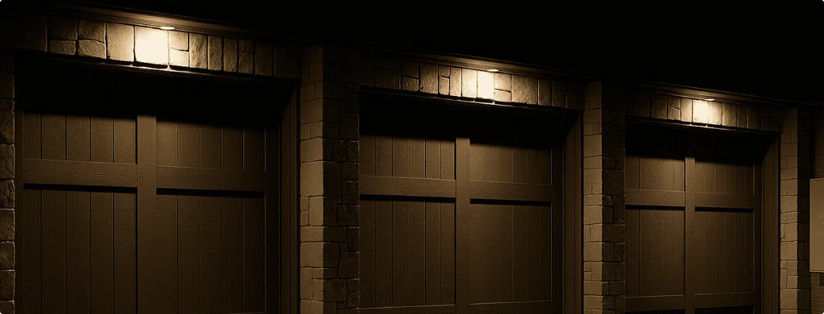 Three dark, craftsman-style garage doors framed by stacked stone pillars, warmly illuminated from above by recessed soffit downlights at night.