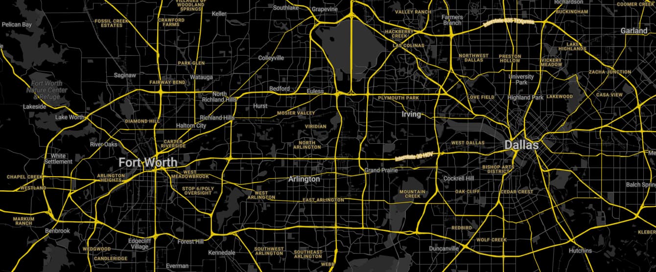 A dark-mode road map of the Dallas-Fort Worth Metropolitan Area showing major highways in bright yellow against a black background.